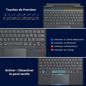 Clavier Français Compatible avec Microsoft Surface Pro 11/ Pro 10/ Pro 9/ Pro 8/ Pro X, Clavier AZERTY Bluetooth avec Pavé Tactile, Rétroéclairage LED 7 Couleurs, Batterie Rechargeable